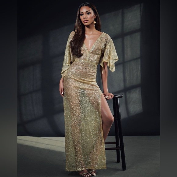 Long Gold Sparkling glitter gown transparent small handmade designer sample sale - Picture 3 of 3